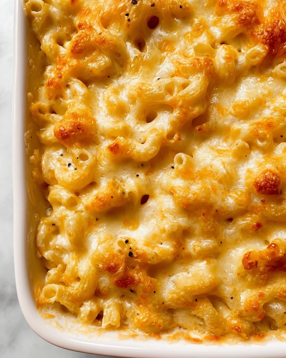 A close-up image of creamy macaroni and cheese in a white rectangular baking dish, showing one thick layer of elbow pasta evenly covered with melted golden cheese that has slightly browned spots on top. The cheese creates a smooth, shiny, and stretchy texture that blankets the curled pasta, and some small specks of black pepper are visible on the rich, creamy cheese surface. The dish sits on a white marbled surface, making the warm color of the cheese and pasta stand out. Photo taken with an iphone --ar 4:5 --v 7