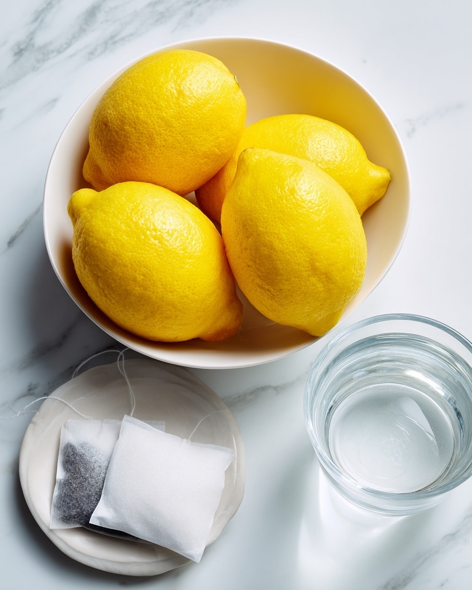 Five bright yellow lemons with a smooth texture fill a white bowl on a white marbled surface. To the right, a transparent glass of water sits, showing clear liquid inside with soft reflections. Below the water, a white bowl holds fine white sugar, appearing smooth and even. In the lower left corner, two tea bags rest side by side on a small white plate, their dark contents visible through the thin paper. Each item is spaced neatly and clearly visible on the white marbled background. photo taken with an iphone --ar 4:5 --v 7
