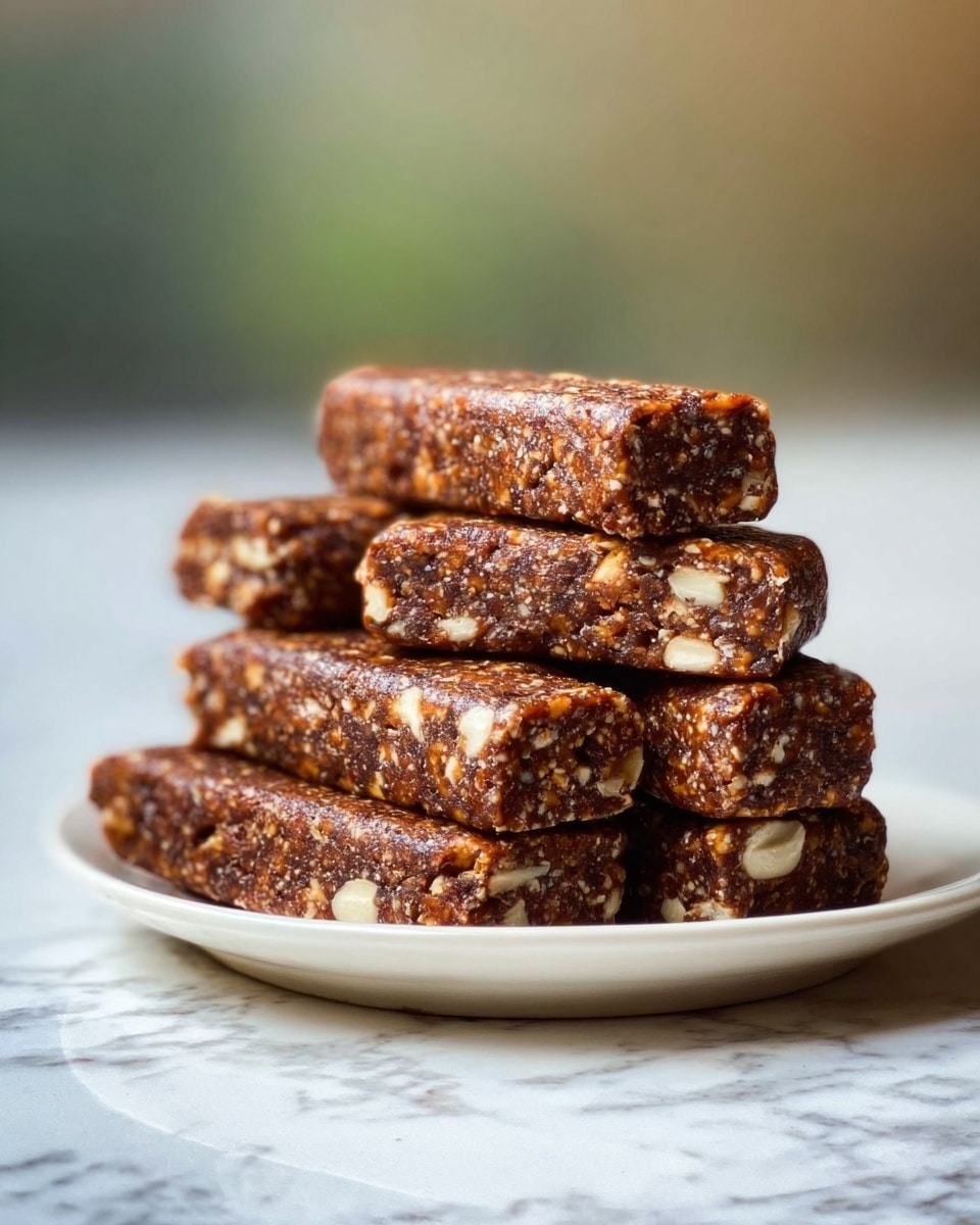 The image shows a white bowl filled with eight brown, cylindrical snack bars stacked in two layers. Each bar has a rough texture with visible bits of white oats and small orange and dark specks throughout, giving a natural, homemade look. The bars are closely packed, with the top layer resting neatly on the bottom layer. The background features a white marbled surface and a blurred green outdoor view through window bars. photo taken with an iphone --ar 4:5 --v 7