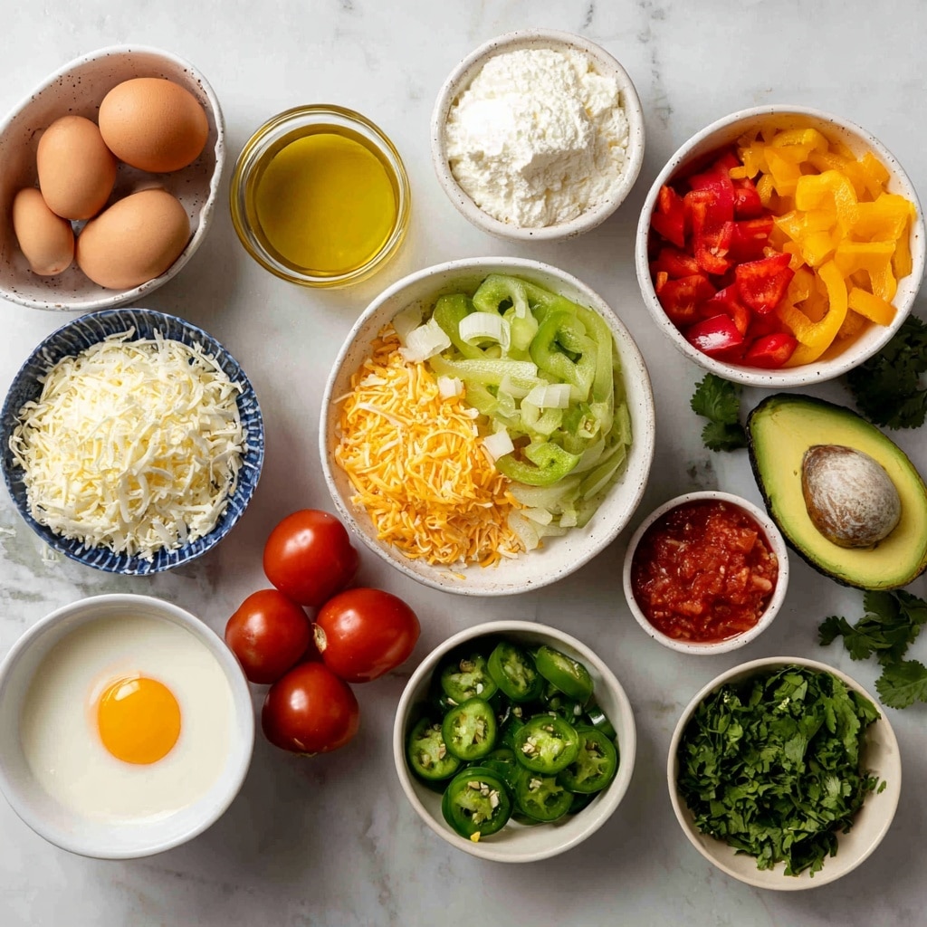 A white plate holds a folded yellow omelet with visible bits of melted cheese and small pieces of green pepper inside and around it. On top of the omelet, there is a dollop of white sour cream covered with finely chopped red tomatoes and green herbs. To the right side of the omelet, several slices of light green avocado are neatly arranged. A silver fork and knife rest diagonally on the bottom right of the plate. In the background, on a white marbled surface, there are small white bowls filled with chopped tomatoes and herbs, along with a clear glass of water. A beige cloth is partially under the plate. photo taken with an iphone --ar 4:5 --v 7