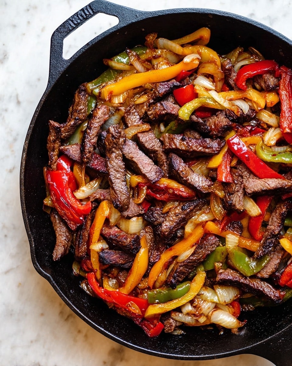 A black cast iron skillet filled with strips of dark brown cooked beef layered evenly throughout, mixed with sautéed pieces of red, yellow, and green bell peppers, and light golden cooked onions. The beef pieces have a slightly charred texture, and the peppers show a glossy, tender look with some edges crisped. The skillet is placed on a white marbled surface, showing a rustic and hearty meal ready to serve. Photo taken with an iphone --ar 4:5 --v 7