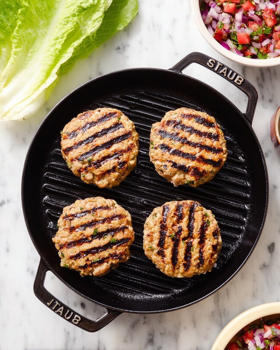 The image shows four round patties cooking on a black round grill pan with deep ridges. Each patty has clear, dark brown grill marks running horizontally, with a golden-brown cooked surface speckled with small pieces of onions and herbs. The grill pan has two handles with the word