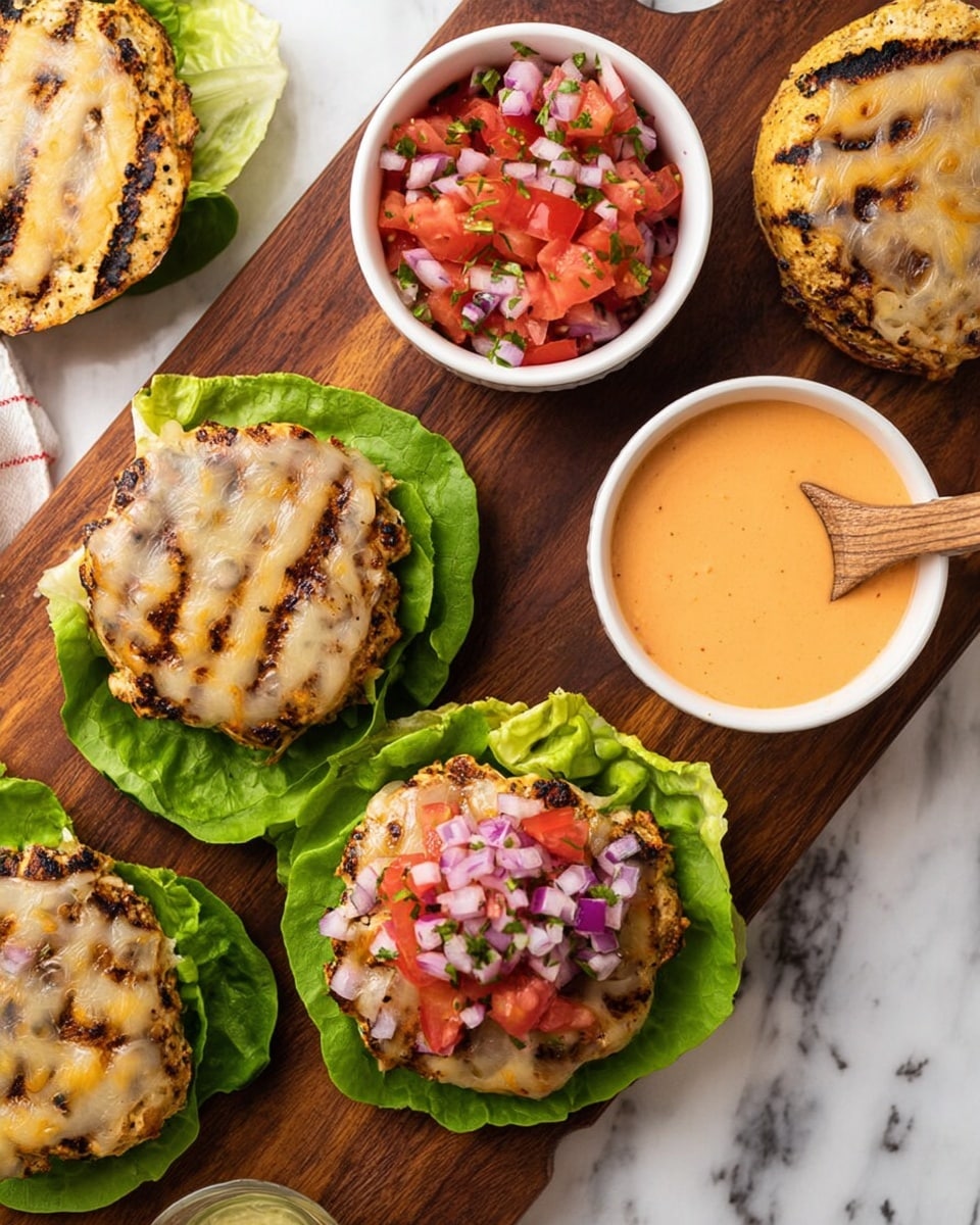 The image shows a wooden board with four grilled chicken patties topped with melted cheese, each sitting on a fresh green lettuce leaf, without the top bun. One patty has a layer of chopped tomato and red onion salsa on it, with vibrant red and purple colors. To the side, there are two small white bowls, one filled with fresh tomato salsa and the other with a creamy orange sauce with a small wooden spoon. The background is a white marbled surface with a grilled bun partially visible on the edge. Photo taken with an iphone --ar 4:5 --v 7