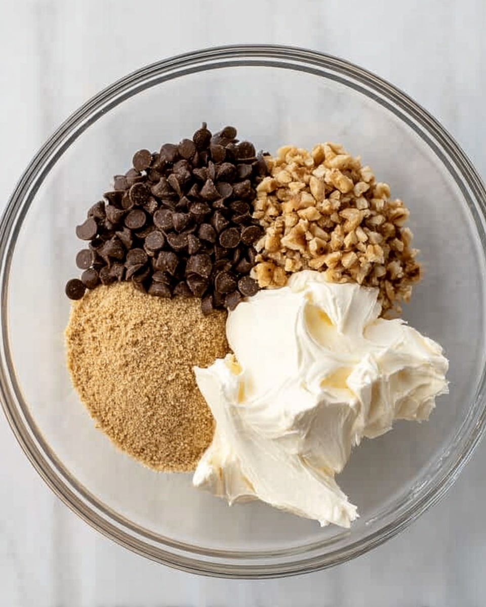 A clear glass bowl sits on a white marbled surface, filled with four separate piles of ingredients. On the left is a dark cluster of small chocolate chips with a smooth texture. Above, slightly to the right, is a light tan pile of small nut pieces with a rough texture. Below this is a lighter tan mound of sugar with a crumbly look. To the right of the chocolate chips and sugar is a large portion of white, creamy mixture with soft peaks and a smooth texture. photo taken with an iphone --ar 4:5 --v 7