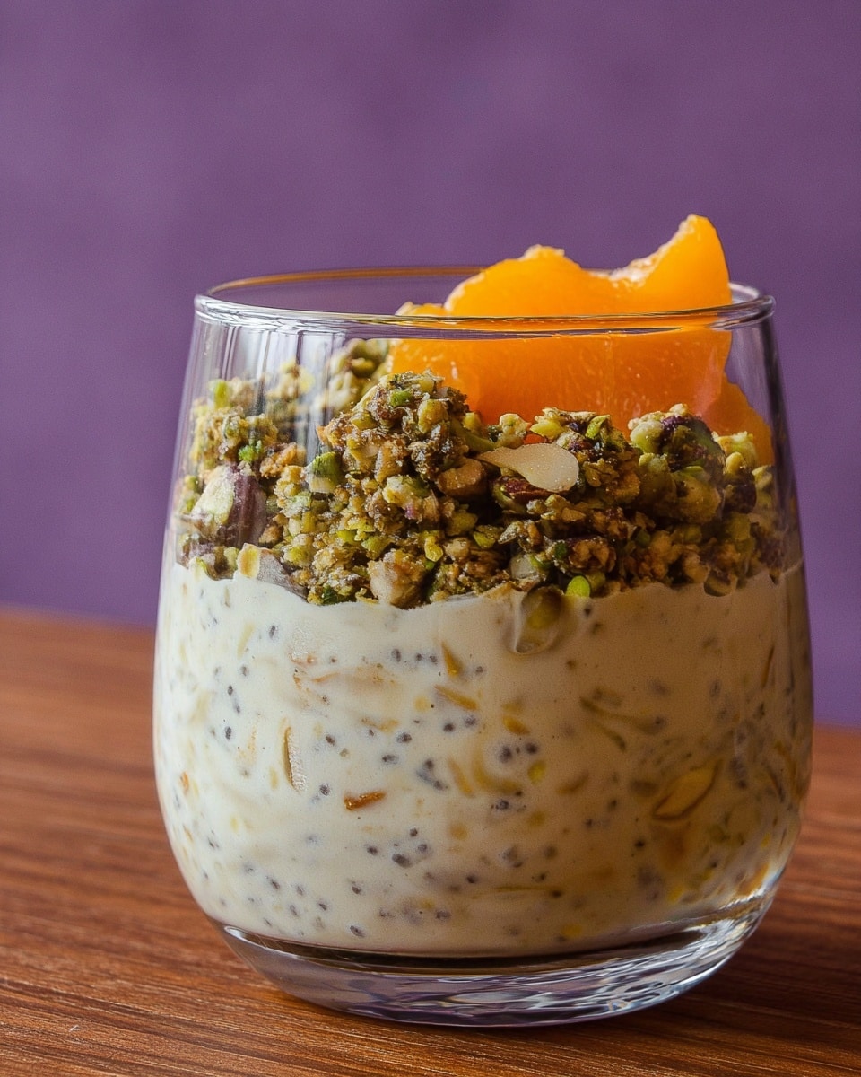 A clear glass filled with a creamy mixture that has small dark seeds and thin light-colored strips throughout, about two layers thick. On top, there is a rough layer of crushed green nuts that look chunky and uneven. Resting on the nut layer is a single bright orange piece of fruit, folded and positioned near the glass edge. The glass sits on a wooden surface with a soft purple background behind it. photo taken with an iphone --ar 4:5 --v 7