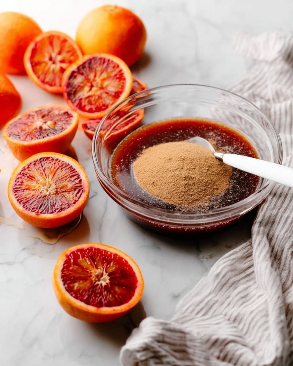 A clear glass bowl sits on a white marbled surface, containing two layers: a bottom layer of dark reddish liquid and a thick layer of light brown powder on top, with a white spoon resting inside the bowl. Around the bowl, several halved and whole blood oranges are placed, showing bright red and orange juicy interiors contrasted with the smooth orange skin. A striped white and gray cloth is partially under some of the orange halves in the background. Photo taken with an iphone --ar 4:5 --v 7