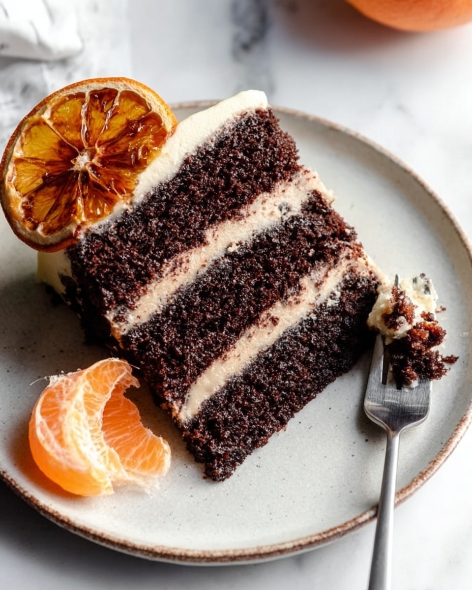 A slice of dark chocolate cake with three thick, dark brown layers separated by two smooth, light brown cream layers is placed on a white plate with a slightly worn edge. On top of the cake rests a single caramelized orange slice with a golden-brown surface and visible caramel texture. Next to the cake, a silver fork holds a small piece of cake with cream, positioned on a white marbled surface. A partially peeled bright orange sits nearby, adding a pop of color to the scene. Photo taken with an iphone --ar 4:5 --v 7