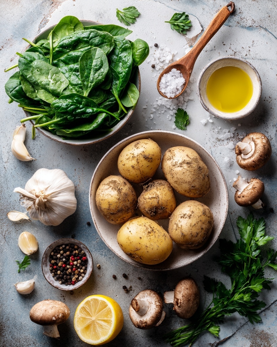 The image shows a collection of fresh ingredients laid out on a white marbled surface. In the center, there is a white bowl filled with five brown potatoes with some dirt on their surface. Above the bowl, there is a small white bowl with olive oil and a small white bowl containing coarse salt. To the left, there is a white bowl full of fresh bright green spinach leaves. Surrounding these bowls are a whole bulb of garlic with several separated cloves, a half lemon with its inner part showing, a wooden spoon filled with mixed peppercorns, a few fresh brown mushrooms with their caps and stems visible, and some sprigs of fresh green parsley scattered around. The setting gives a fresh, rustic feel. photo taken with an iphone --ar 4:5 --v 7