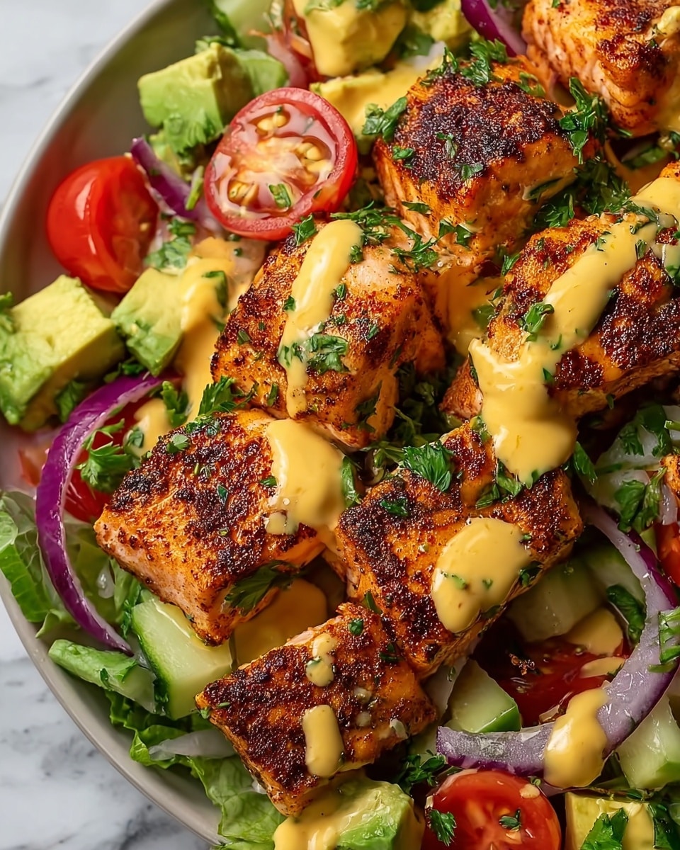 The image shows a close-up of a dish with several pieces of grilled salmon, each piece browned with spices and herbs, arranged over a bed of fresh vegetables. The vegetables include green avocado cubes, halved cherry tomatoes, thin slices of red onion, and cucumber pieces, all mixed together. A creamy yellow sauce is drizzled over the salmon and vegetables, and chopped green herbs are sprinkled on top for garnish. The dish sits on a white plate placed on a white marbled surface. photo taken with an iphone --ar 4:5 --v 7