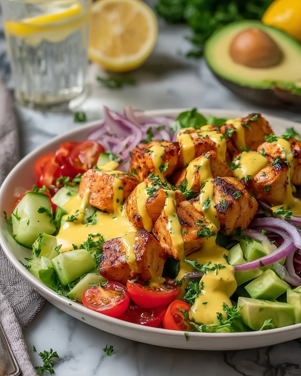 A white plate holds a colorful salad with several layers. The base layer includes sliced green cucumber pieces and diced avocado, mixed with thin slices of red onion and small halved red cherry tomatoes. On top, there are evenly spaced grilled salmon cubes, browned with a charred texture, drizzled with a smooth yellow sauce. Fresh green herbs are sprinkled over the entire dish, adding a touch of brightness. The setting has a white marbled surface that complements the vibrant colors of the food, with blurred background elements like a halved avocado and a glass of lemon water. Photo taken with an iphone --ar 4:5 --v 7