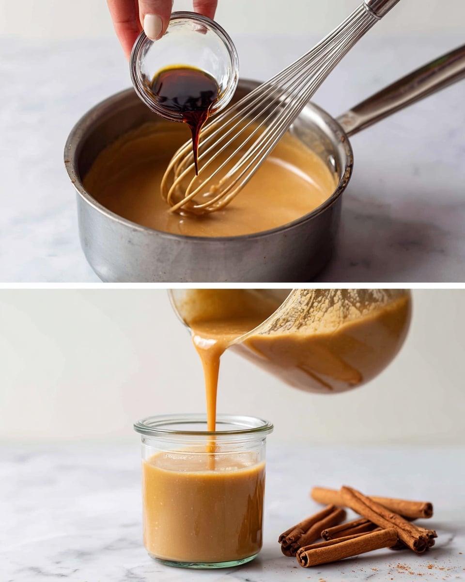 Two images show a step in making a creamy sauce. In the first image, a woman's hand pours a dark liquid from a small glass bowl into a saucepan with light brown sauce, with a whisk resting inside. The second image shows the sauce being poured from the saucepan into a small clear glass jar on a white marbled surface next to some cinnamon sticks. The sauce is smooth and light brown in color. In both images, the focus is on the creamy liquid and the pouring action, with simple kitchen tools visible. Photo taken with an iphone --ar 4:5 --v 7