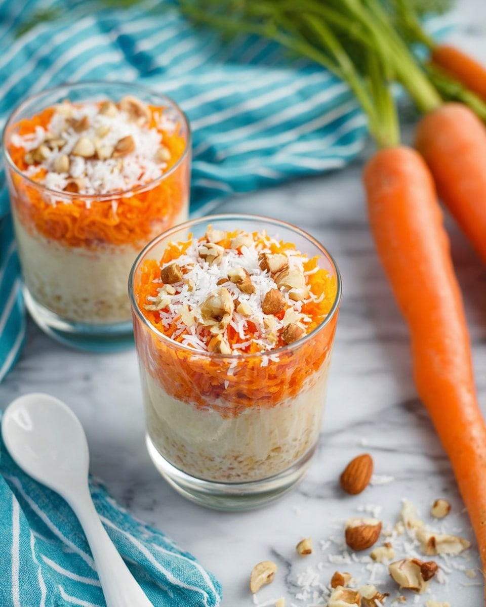 A clear glass filled with multiple layers, starting at the bottom with a creamy white base mixed with small dark seeds, followed by a thick layer of bright orange shredded carrots, topped with a generous amount of white shredded coconut and scattered light brown walnut pieces on top. The glass is placed on a white marbled surface with a blurred background, showing a striped cloth in blue and white. Photo taken with an iphone --ar 4:5 --v 7