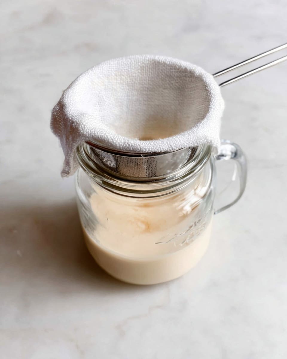 The image shows a small glass jar on a white marbled surface, filled partially with creamy, light beige liquid. Above the jar, there is a metal strainer covered with a white cloth that sifts the liquid into the jar. The strainer is held by a thin metal handle resting on the jar’s edge. The background is also a white marbled texture, creating a clean and simple look. photo taken with an iphone --ar 4:5 --v 7