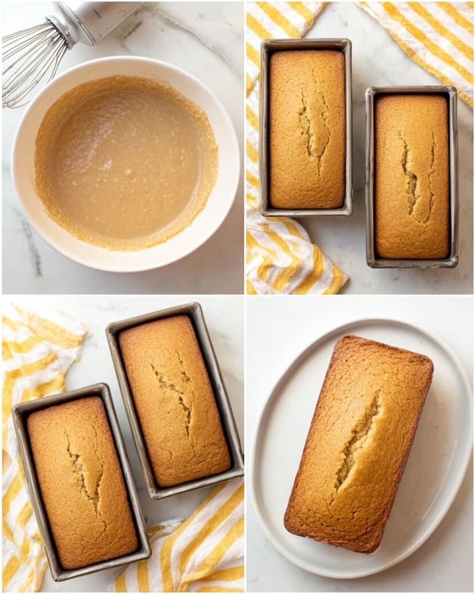 The image shows a set of four photos arranged in a grid, each depicting a different stage of making a loaf cake. The top left photo displays a white bowl filled with light brown batter that has a smooth and slightly thick texture, with a silver mixer resting on the edge. The top right photo shows two small rectangular metal pans filled with the same light brown batter, sitting on a white marbled surface with a yellow and white striped cloth nearby. The bottom left photo captures the pans now holding baked loaves with golden brown tops that have small cracks, placed on the same white marbled surface with the striped cloth partially visible. The bottom right photo focuses on a single golden baked loaf with a cracked top, lying on a clean white plate on the white marbled surface. photo taken with an iphone --ar 4:5 --v 7