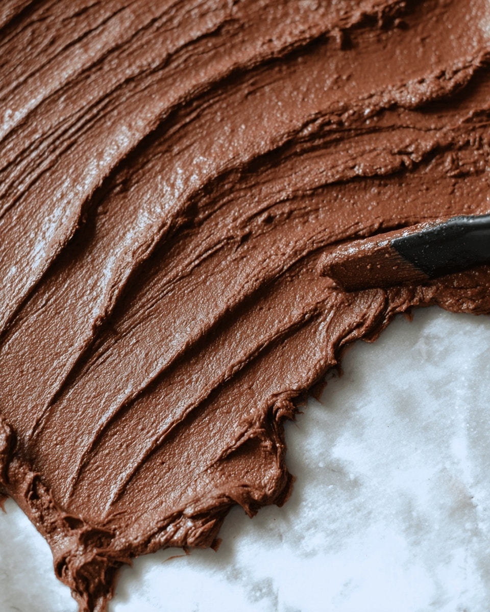 The image shows a thick layer of smooth, dark brown chocolate spread evenly over a white marbled surface. The chocolate has a creamy texture with visible ridges and lines created by a black spreading tool dipping into the mixture from the bottom right corner. The rich chocolate coating appears dense and glossy, with some uneven peaks and valleys, highlighting its softness and thickness. Photo taken with an iphone --ar 4:5 --v 7