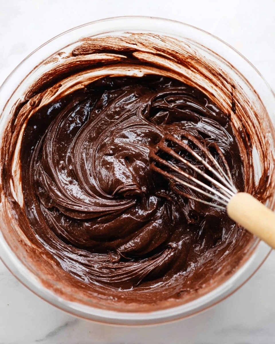 A clear bowl filled with thick, dark brown chocolate batter, showing a smooth, shiny texture with swirls and folds. The batter clings to the sides of the bowl with some streaks smudged around the edges. A metal whisk with a wooden handle is partially dipped into the batter, with some batter coating the whisk wires. The background is a white marbled surface. Photo taken with an iphone --ar 4:5 --v 7