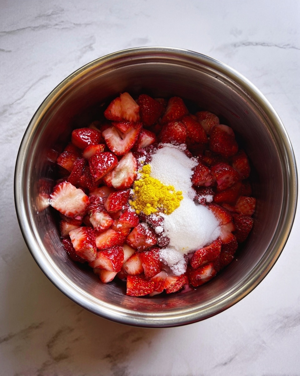 A silver metal pot filled with many red strawberry pieces at the bottom layer. On top of the strawberries, there is a small pile of white powder and a small bright yellow mound in the center. The pot is placed on a white marbled surface. photo taken with an iphone --ar 4:5 --v 7