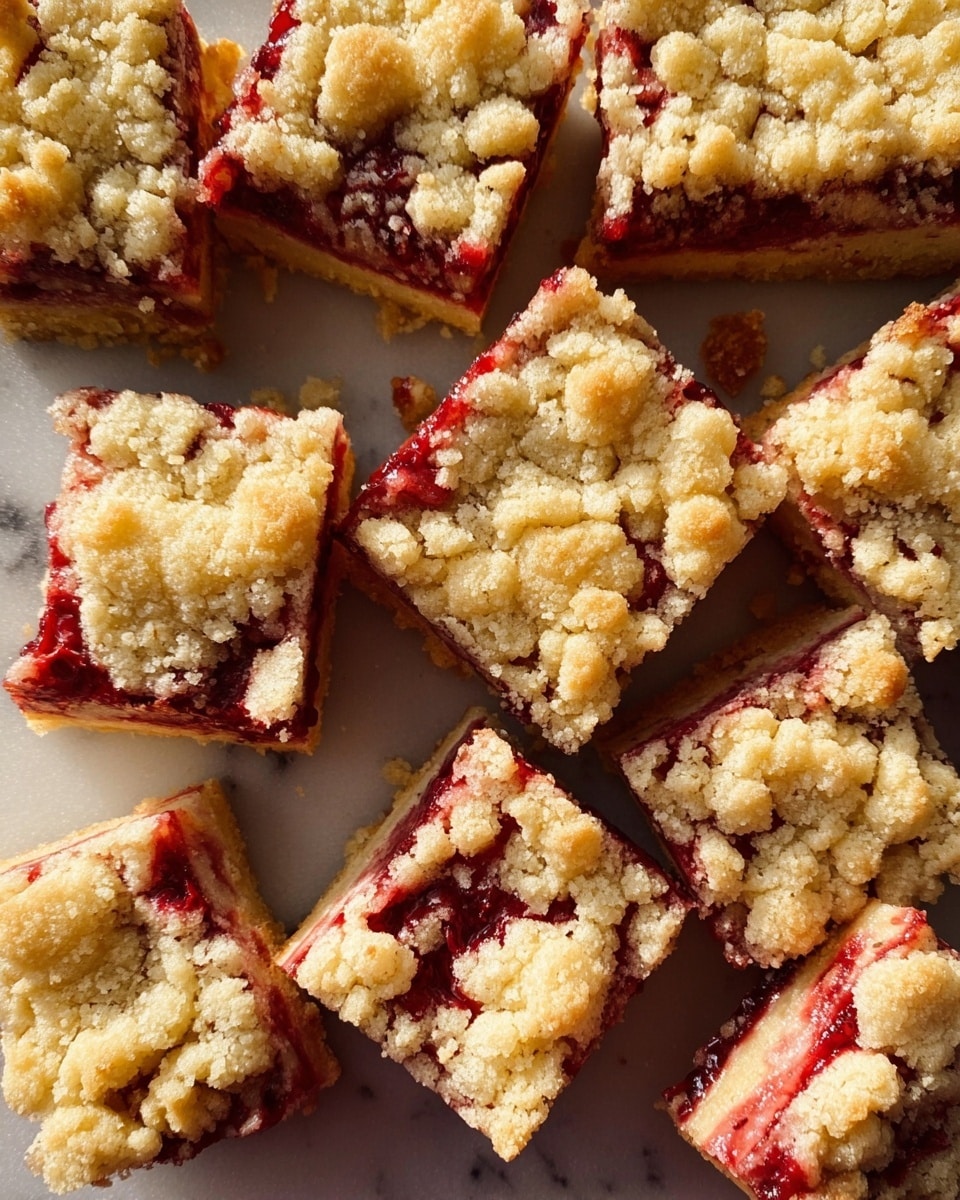 Several square pieces of crumbly dessert bars are arranged closely together on a white marbled surface. Each piece has three visible layers: a crumbly light golden top layer with uneven chunks, a middle layer showing a vibrant red fruit filling that peeks through the cracks, and a dense golden bottom layer that supports the bar. The texture of the top layer looks soft but slightly crunchy, while the red layer appears moist and thick. The squares are cut evenly, showing clean edges and distinct layers. Photo taken with an iphone --ar 4:5 --v 7
