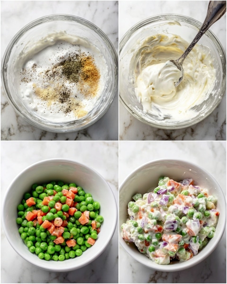 The collage shows four stages of making a creamy vegetable salad on a white marbled surface. In the first image, a white bowl filled with thick white yogurt or sour cream is layered with black pepper, salt, and mustard powder on top. The second image shows the creamy mixture stirred smooth with a spoon in the same bowl. The third image features bright green peas and small orange carrot pieces added on top of the creamy base in the bowl. The last image captures the mixed salad where the creamy sauce coats the peas, carrots, and bits of purple onion evenly, creating a colorful, chunky texture. Photo taken with an iphone --ar 4:5 --v 7