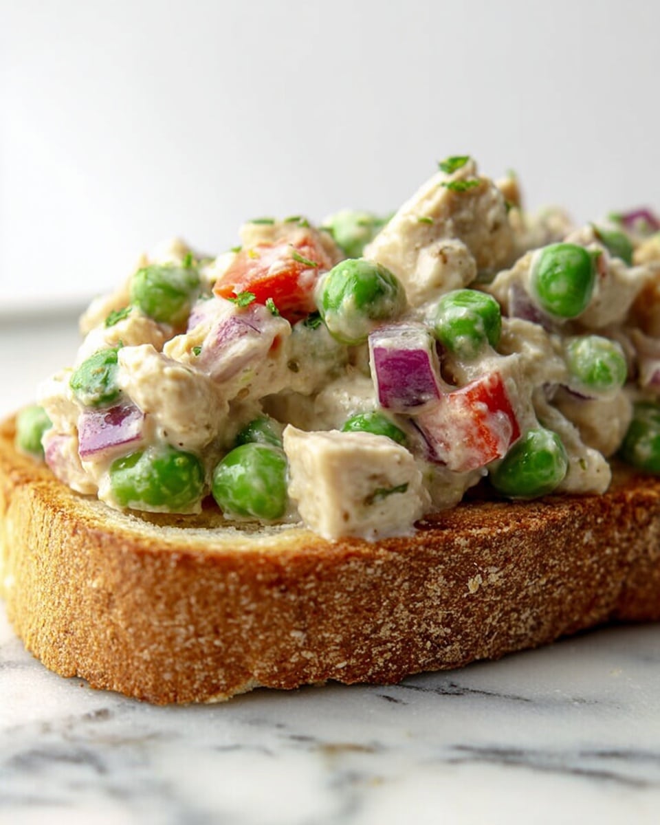 The image shows a thick slice of toasted brown bread as the base layer, with a rough, crunchy texture. On top, there is a creamy mixture with chunks of light beige chicken meat, bright green peas, small red bell pepper pieces, and finely diced purple onions. The colors mix well, creating a fresh and hearty topping on the bread. The background is a white marbled texture. Photo taken with an iphone --ar 4:5 --v 7