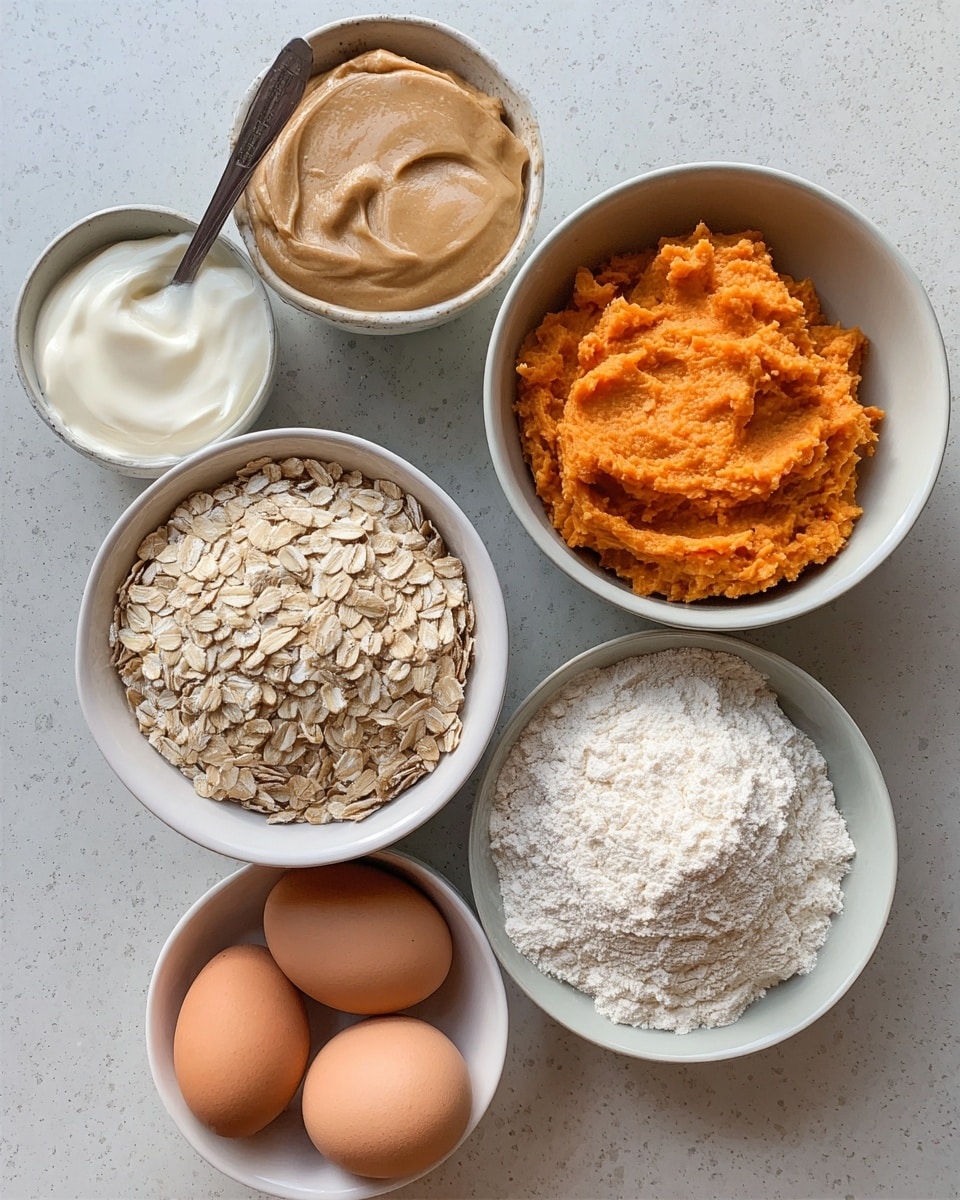 The image shows six small bowls arranged on a white marbled surface, each holding a different ingredient: one bowl filled with pale beige oats that have a flat and rough texture, another bowl with smooth light brown peanut butter, a bowl with thick white yogurt showing a creamy surface, a bowl with bright orange mashed sweet potato with a spoon partly inside, a smaller bowl holding two light brown eggs with smooth shells, and a white bowl filled with fine white flour forming a small mound in the center. Photo taken with an iphone --ar 4:5 --v 7