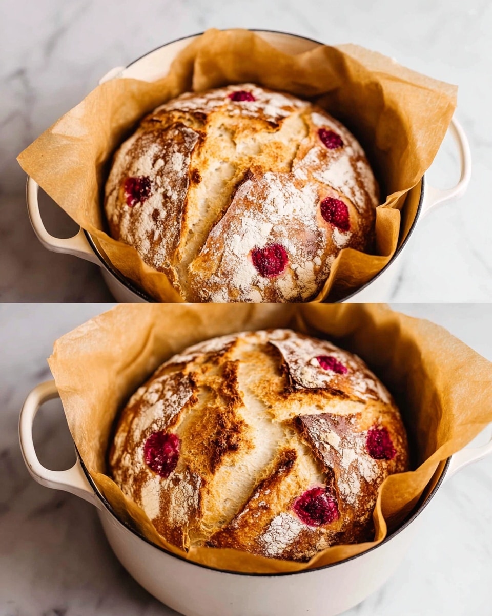 The image shows two round loaves of bread inside white pots lined with light brown parchment paper. Each loaf has a golden-brown crust with patches of white flour dusted on top. Bright red fruit pieces, likely raspberries, are embedded in parts of the crust, creating vibrant red spots among the golden surface. The bread texture looks crusty and cracked in some areas, with a light, uneven pattern of browns and whites. Both pots sit on a white marbled surface. photo taken with an iphone --ar 4:5 --v 7