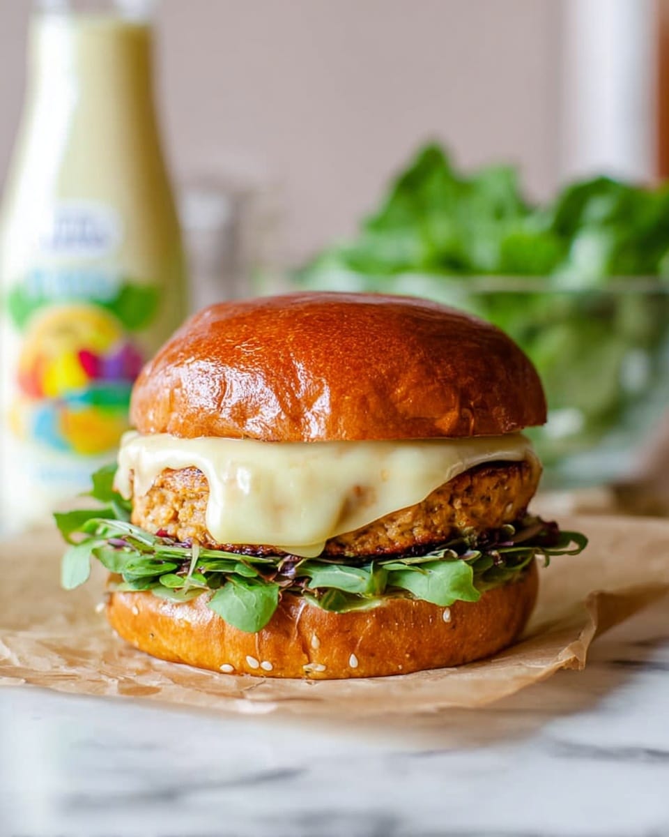 The image shows a close-up of a sandwich with four visible layers. The bottom layer is a shiny, slightly toasted bun with a golden-brown color and sesame seeds on top. Above that are fresh green lettuce leaves that look crisp and leafy. On top of the lettuce is a thick, golden-brown grilled patty with a slightly textured surface, covered with a melted layer of creamy, pale yellow cheese that drips slightly over the edges. The sandwich sits on a piece of light brown parchment paper on a white marbled surface. In the blurred background, there is a glass bowl with green leaves and a white bottle with colorful text. Photo taken with an iphone --ar 4:5 --v 7