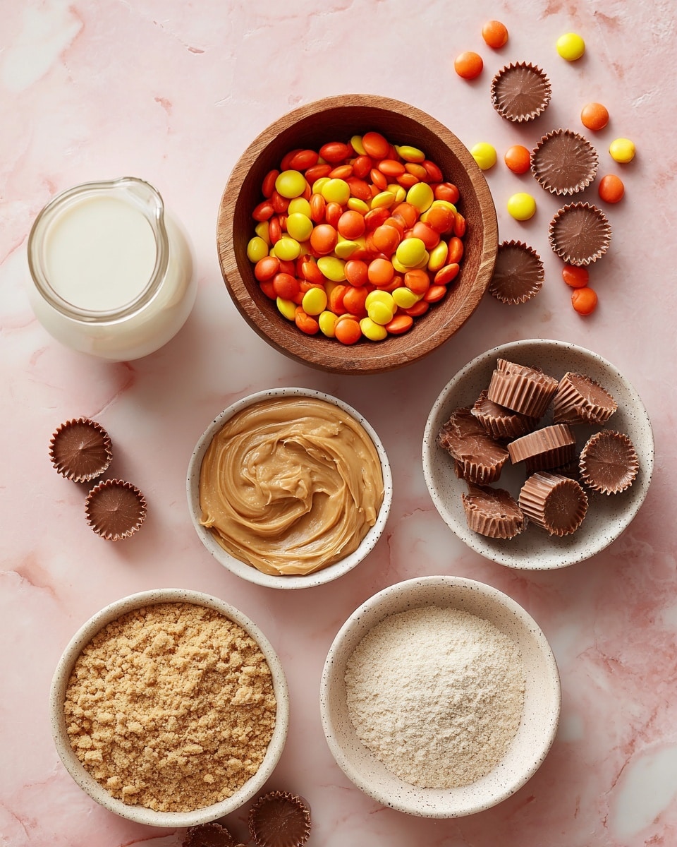 The image shows a top view of seven containers arranged on a soft pink background with white marbled texture. At the top center, a round wooden bowl holds colorful Reese’s pieces with smooth, shiny shells in orange, yellow, and brown hues. To the top right, a small white speckled bowl contains many Reese’s mini peanut butter cups stacked, with a few peanut butter cups scattered around the bowls on the surface. Below and to the left of the wooden bowl, a small white bowl contains smooth, creamy peanut butter with a swirl texture on the surface. To the right of the peanut butter bowl, a medium white bowl holds fine, white vanilla pudding mix powder with slight uneven clumps. Below the pestering powders, to the left is a wooden bowl filled with coarse powdered peanut butter showing sandy beige granules. To the right, a white bowl is filled with vanilla protein powder which looks crumbly and soft in a light cream color. At the bottom left corner, a transparent glass jug contains whole milk, showing the white liquid inside. The whole setup is neatly arranged showing texture contrasts and colors. Several peanut butter cups and tiny Reese’s pieces are casually placed around the bowls. photo taken with an iphone --ar 4:5 --v 7
