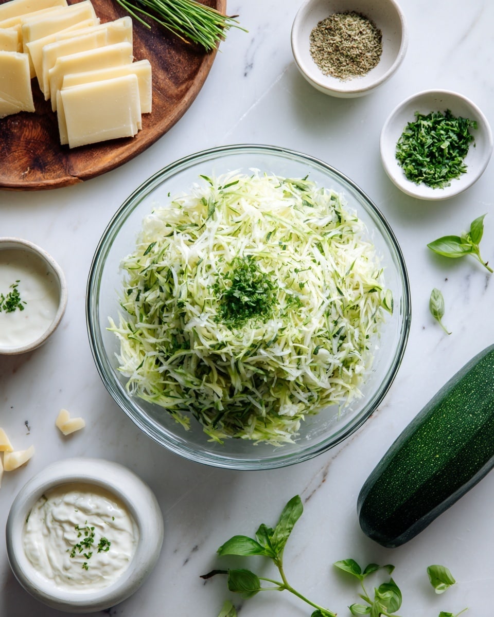 A clear glass bowl sits in the center filled with finely shredded light green zucchini, topped with small pieces of chopped bright green herbs. Around the bowl on a white marbled surface are small white bowls holding creamy white sauce, chopped herbs, and a powdered spice. A wooden board to the left holds thin slices of cheese and a small bunch of fresh green herbs. A whole dark green zucchini rests to the right, along with a small sprig of basil. The setup is clean and bright, ready for cooking. Photo taken with an iphone --ar 4:5 --v 7