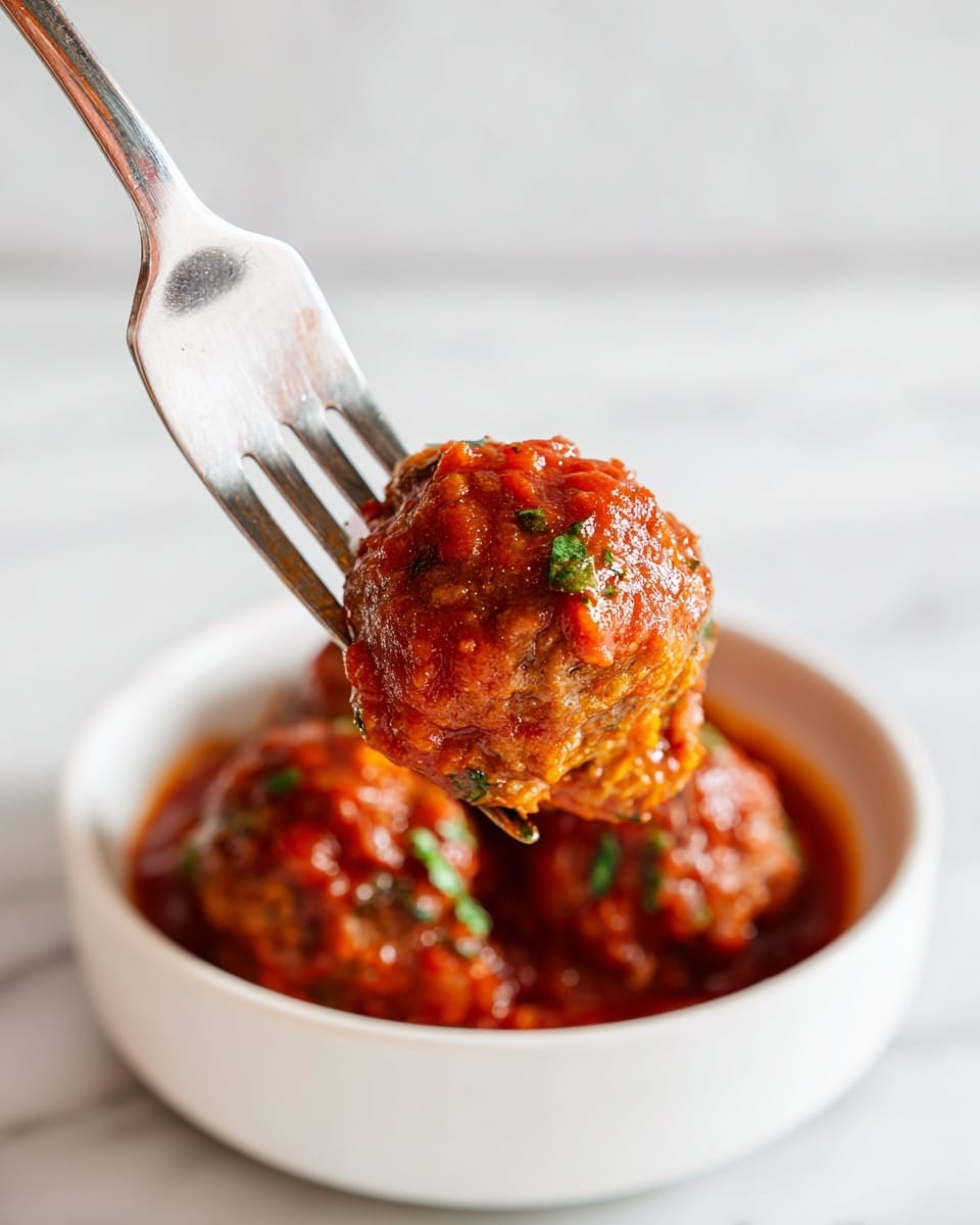 A close-up image showing a golden-brown meatball held by a silver fork over a white bowl filled with thick red tomato sauce with visible herbs. The meatball has a slightly crispy outside and looks tender inside. The white bowl is small, and the background is a white marbled texture with soft shadows. The fork and meatball are the main focus, held by a woman's hand that is partly visible. photo taken with an iphone --ar 4:5 --v 7