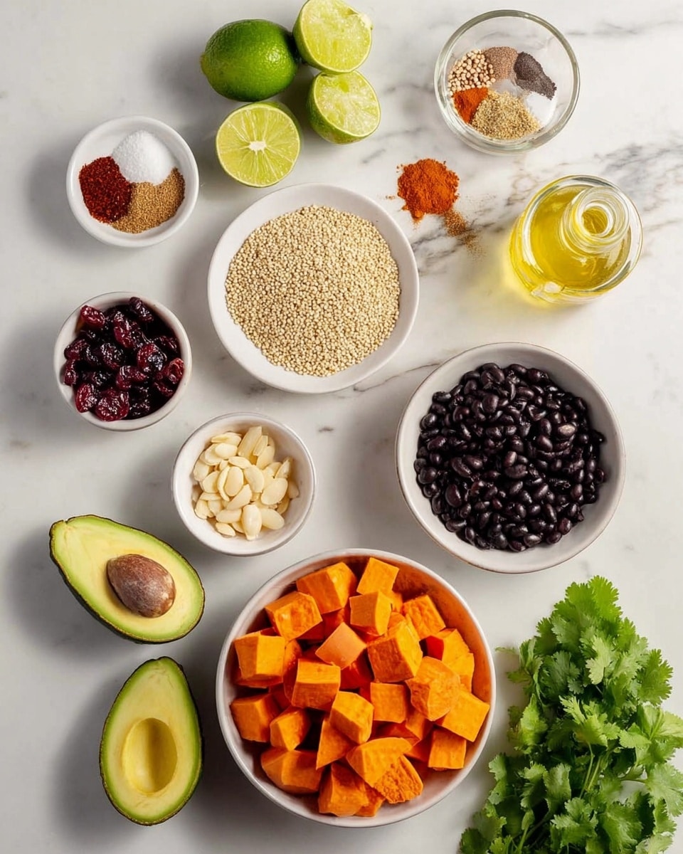 The image shows several ingredients placed on a white marbled surface. At the center right, there is a white bowl filled with bright orange cubed sweet potatoes. Below it, a white bowl holds shiny black beans. To the left, a white bowl is filled with pale beige quinoa grains. Above the quinoa, a white plate presents four spices in separate piles: ground brown spice, black pepper, salt, and a red spice. Above the sweet potatoes, there is a small white bowl of chopped garlic. To its left, a small bowl contains dark red dried cranberries, and next to it is another small bowl with light tan sliced almonds. A glass bottle with light yellow olive oil is placed above the sweet potatoes, and a tiny glass container of golden honey is on the lower right. There is a bunch of fresh green cilantro on the lower right corner and two avocado halves with light green flesh on the lower left. On the upper left, two halved limes with pale green insides are visible. The photo was taken with an iphone --ar 4:5 --v 7