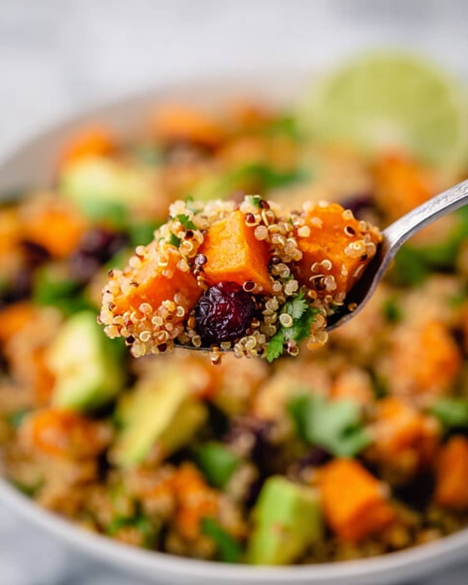 A close-up image shows a spoon holding a colorful mix of small round quinoa grains, bright orange cubed sweet potatoes, green avocado chunks, fresh green cilantro pieces, and a single dark red dried cranberry at the front. In the blurred background, a white bowl is filled with the same quinoa mixture, showing more vivid orange sweet potatoes, green cilantro, avocado, black beans, and some sliced almond pieces. A small wedge of lime is partially visible at the edge of the bowl. The whole scene is set on a white marbled surface, creating a fresh and vibrant look. photo taken with an iphone --ar 4:5 --v 7