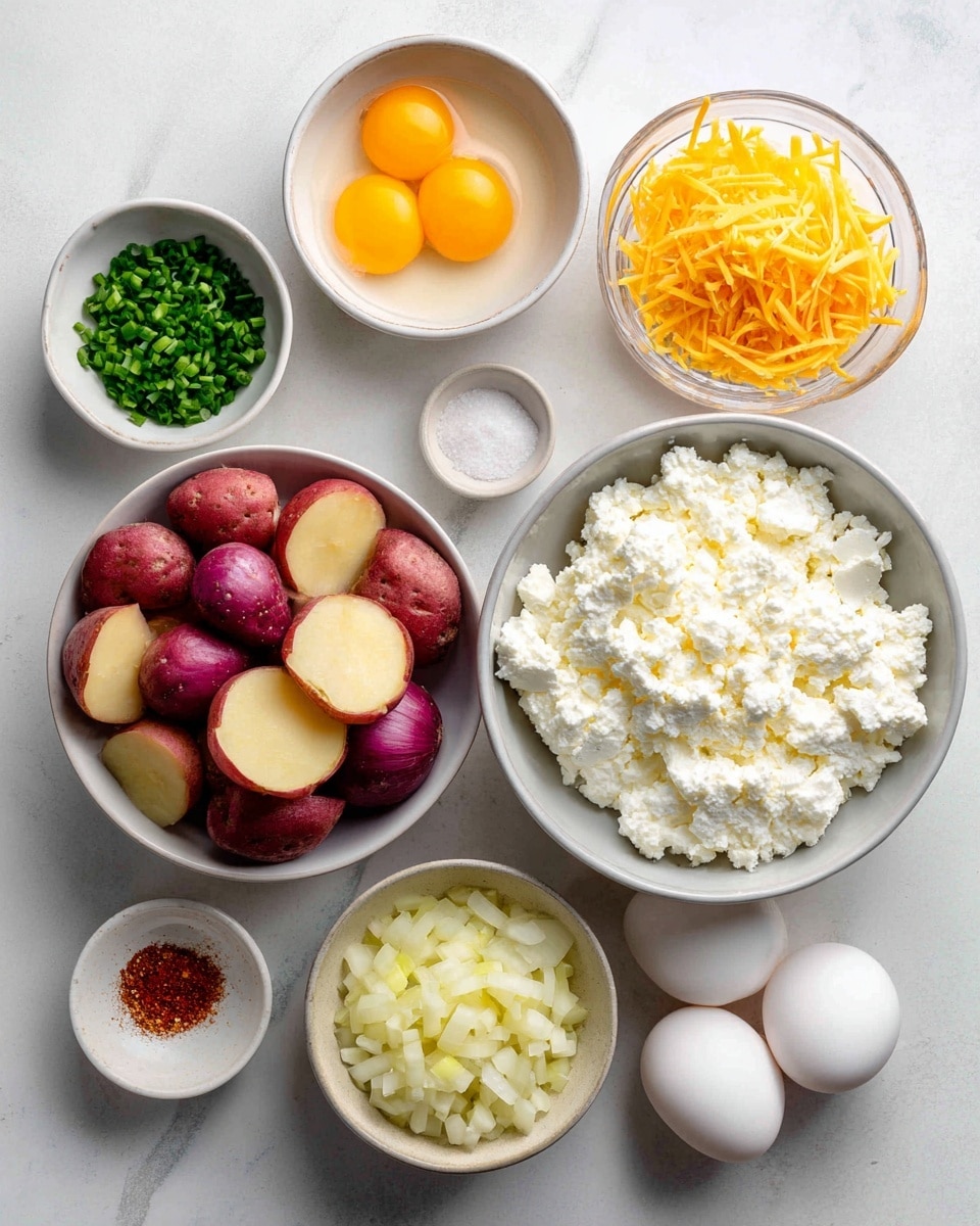 The image shows several bowls with different ingredients arranged on a white marbled surface. In the center, there is a light grey bowl filled with white cottage cheese, which has a slightly lumpy texture. To the left, there is a large white bowl full of chopped red potatoes with red skin and pale yellow flesh. Below that, there is a smaller light grey bowl containing chopped yellow onion pieces, showing smooth, shiny surfaces. On the top left, there is a small white bowl filled with finely chopped green chives. On the top right, there is a white bowl with shredded cheddar cheese, bright orange and thin strips. Next to it, a small clear bowl contains four raw eggs with smooth yellow yolks and transparent whites. A little above the eggs, a tiny white bowl holds salt topped with a small amount of red smoked paprika. Below the cottage cheese, there are two small bowls, one containing a dark mustard yellow oil, and the other onion powder, which looks fine and light brown. The whole setup appears clean and bright, with soft natural lighting. Photo taken with an iphone --ar 4:5 --v 7