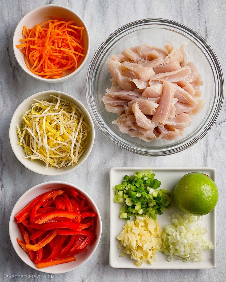A top view of six bowls arranged on a white marbled surface, each holding a different ingredient: a large clear glass bowl in the center contains several layers of raw pale pink chicken slices; to the top left is a white bowl filled with thinly cut bright orange carrot strips; below that, a white bowl holds yellowish bean sprouts with white stems; to the bottom left is a white bowl with several layers of bright red sliced bell peppers; at the bottom right, a small white plate contains three sections of chopped ingredients, including pale green sliced spring onions, pale yellow ginger strips, and finely chopped white garlic; a whole green lime sits to the right of the bowls. photo taken with an iphone --ar 4:5 --v 7
