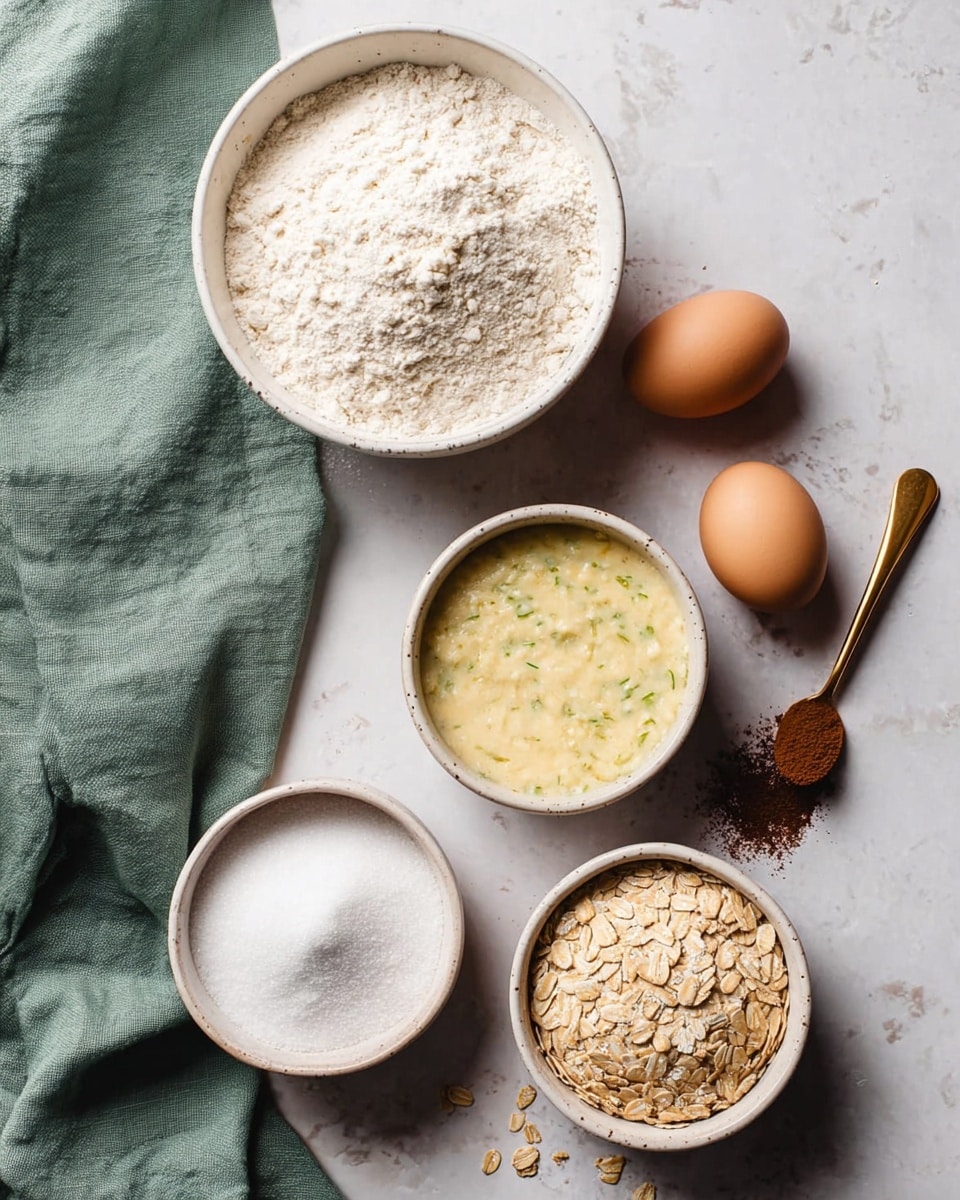 There are five containers with different baking ingredients on a white marbled surface. A white bowl at the top holds white flour with a rough texture. Below it, a white bowl contains a creamy pale yellow mixture with green specks. To the right, two brown eggs rest near a golden spoon with a dark brown powder on it. Below the eggs, a bowl is filled with white sugar with a smooth, fine texture, and next to it, another white bowl contains light brown oats with a rough, grainy texture. A green cloth rests partially under the bowls on the left side. Photo taken with an iphone --ar 4:5 --v 7