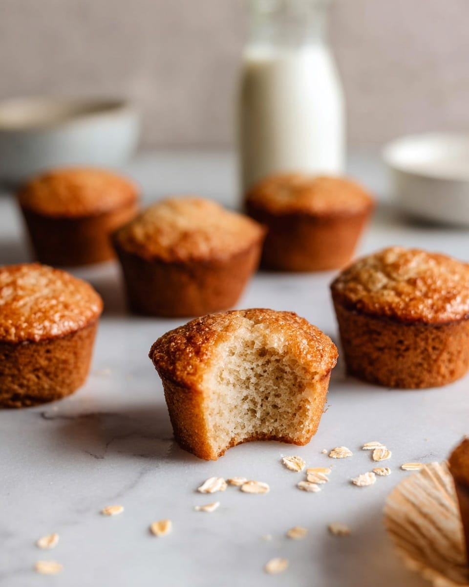 The image shows seven golden brown muffins with a slightly rough texture on top scattered on a white marbled surface. The muffin in the center foreground has a large bite taken out, showing a soft, light, crumbly inside. Around the muffins, there are a few scattered oat flakes, adding a hint of texture on the surface. In the blurred background, a glass bottle filled with milk and a white bowl are visible, creating a simple, clean, and cozy setting. photo taken with an iphone --ar 4:5 --v 7