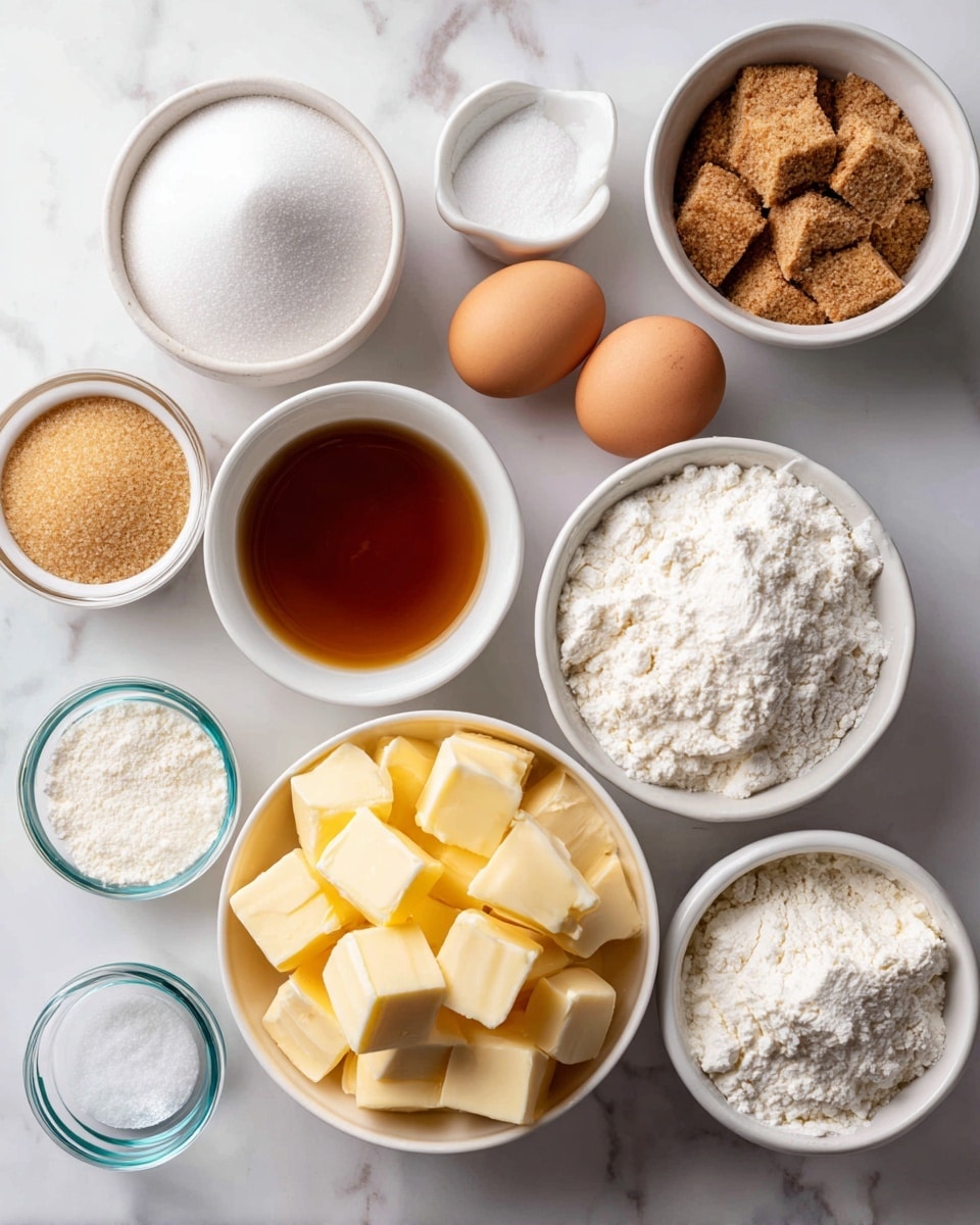 The image shows a top view of several small white bowls arranged neatly on a white marbled surface, each bowl containing different baking ingredients. From left to right, there is a bowl with white sugar, a smaller bowl with brown sugar, a bowl with a light brown liquid labeled vanilla, and a bowl with two raw eggs. In the front center, there is a bowl with cubed butter pieces in a light yellow color. Surrounding these, there are small glass bowls with white powdery ingredients labeled salt, baking powder, cornstarch, baking soda, cake flour, and all-purpose flour, the last two in larger white bowls. The ingredients are well spaced, creating a clean and organized look. Photo taken with an iphone --ar 4:5 --v 7