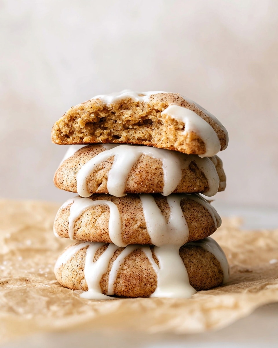 A stack of four thick, soft cookies with a cracked, cinnamon-speckled golden-brown surface sits on a crinkled light-colored paper over a white marbled texture. The top cookie is broken in half, showing a moist, crumbly inside that is light tan in color. Smooth white icing is drizzled unevenly, flowing down the sides of each cookie in thick ribbons. The overall look is warm and fresh, with a soft texture and a cozy feel. photo taken with an iphone --ar 4:5 --v 7