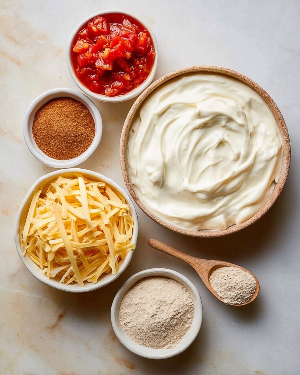 The image shows five bowls on a white marbled surface, each holding different ingredients. The largest bowl in the center contains a thick and smooth white creamy layer with soft swirls on top. To its bottom left, there is a white bowl filled with long, thin strips of shredded yellow cheese, with a slightly rough texture. Above this, a small white bowl holds vibrant red salsa with chunks of tomatoes visible. To the top left, a small white bowl contains a fine brown powder, evenly spread. Finally, to the bottom right of the large bowl, another small white bowl includes a light beige powder with a small wooden spoon resting inside. A spoon handle peeks into the frame next to the salsa. The whole setup is arranged neatly with a soft natural light. photo taken with an iphone --ar 4:5 --v 7