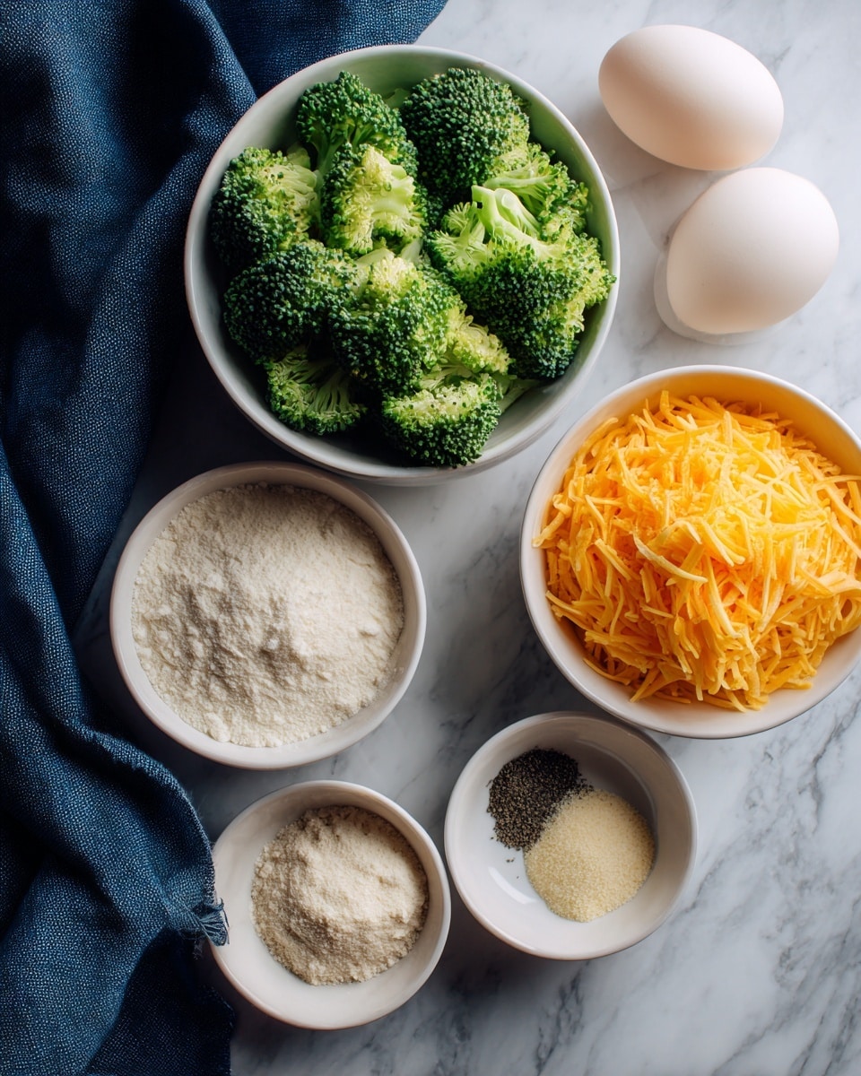 The image shows five white bowls arranged on a white marbled surface. The top white bowl contains bright green chopped broccoli with a coarse texture. Below it to the right, another white bowl is filled with finely shredded bright orange cheddar cheese. To the left of the cheese bowl, there is a smaller white bowl with three piles of powder in light brown, off-white, and black colors, labeled garlic powder, flour, and salt & pepper. Two white eggs are placed on the surface near the bowls. A dark blue cloth is in the background on the left side. Photo taken with an iphone --ar 4:5 --v 7