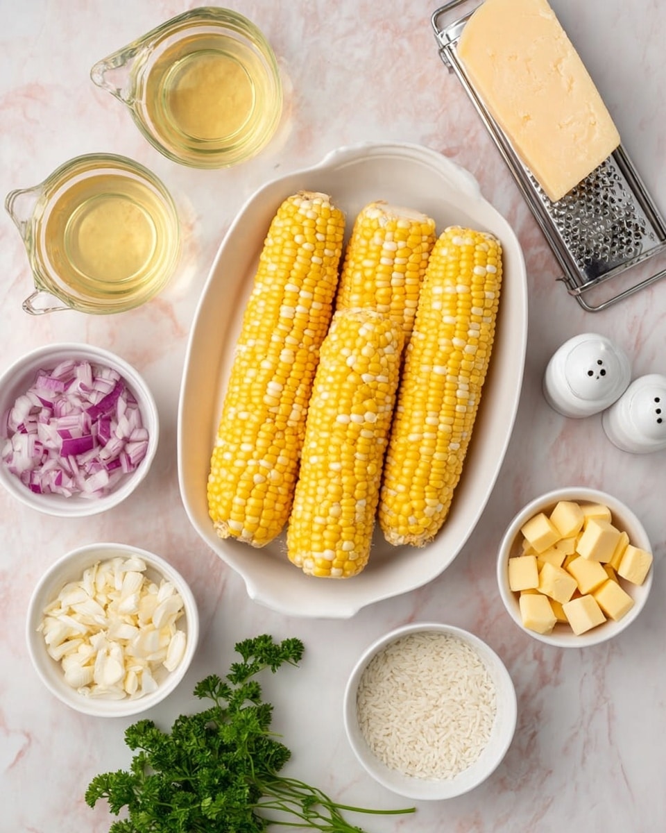 The image shows four ears of corn, bright yellow with white kernels, arranged in a white oval dish at the center. Surrounding the dish are small white bowls filled with diced purple onions, yellow butter squares, small minced yellow garlic, and dry white rice. There are clear glass measuring cups with light yellow cooking oil and light brown broth. A piece of pale yellow cheese rests near a silver grater, and two white salt and pepper shakers sit near fresh green parsley on a white marbled surface. The photo taken with an iphone --ar 4:5 --v 7