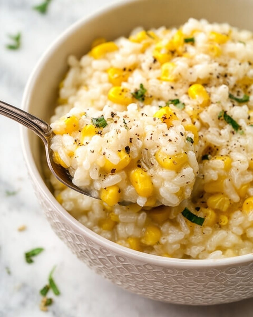 A close-up of a creamy rice dish with small yellow corn kernels mixed throughout. The rice looks soft and glossy, with some black pepper sprinkled on top and small pieces of green herbs scattered around. The food is served in a white bowl with a subtle honeycomb pattern on the inside. A silver spoon is scooping some of the rice and corn, showing the texture of the creamy mixture. The background is a white marbled surface and a few bits of green herbs are scattered around the bowl. Photo taken with an iphone --ar 4:5 --v 7