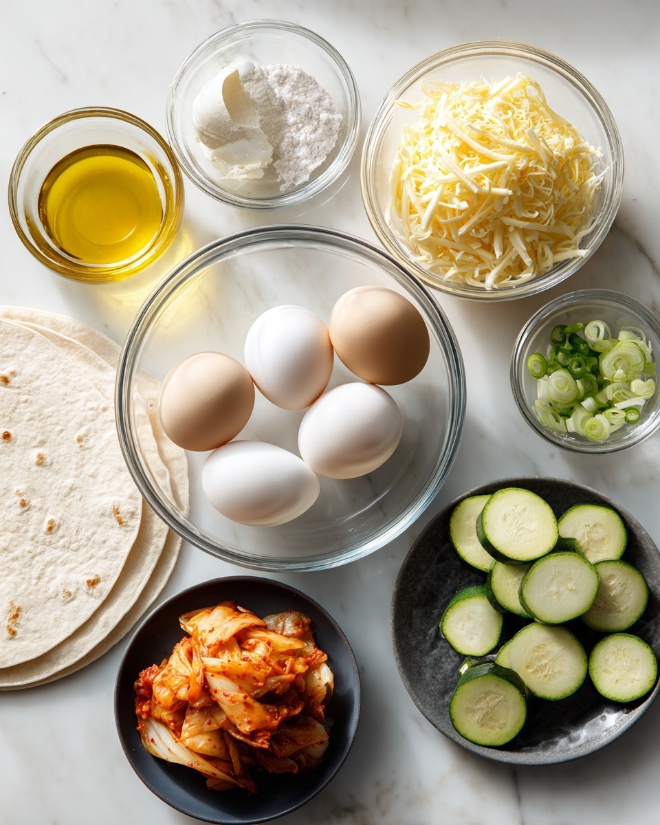 The image shows ingredients for a recipe neatly arranged on a white marbled surface. There is a white package of Pete and Gerry's organic eggs near the top. Below it, a clear glass bowl holds three cracked raw eggs with bright yellow yolks. To the right of the eggs, a white round tortilla rests flat. Next to the tortilla is a small glass bowl of sliced green onions. Above the eggs, another clear glass bowl is filled with a mix of shredded yellow and white cheese. To the left, a small glass bowl contains golden cooking oil, and another smaller glass bowl holds white salt. A black plate with sliced zucchini rounds is also part of the layout. At the bottom, a clear glass bowl contains a reddish mixture of kimchi. The photo taken with an iphone --ar 4:5 --v 7