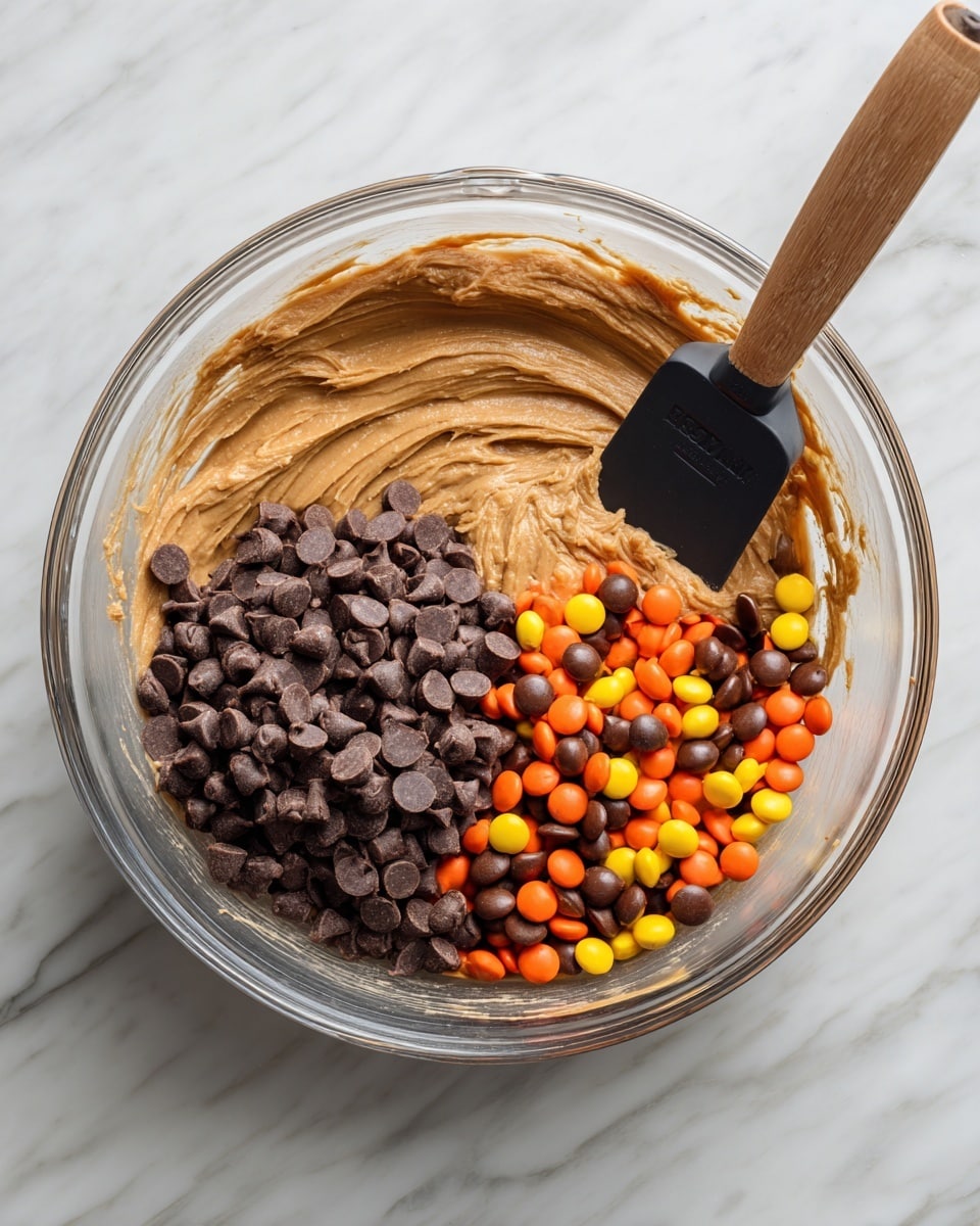 A close-up view of two stacked pieces of a thick cookie bar filled with melted dark chocolate chips. The cookie layers show a soft, slightly crumbly golden brown texture with scattered chocolate chunks inside. The top cookie has a smooth, slightly rough surface, and the bottom one supports it with visible bits of orange butterscotch chips mixed with the chocolate. The cookie bars rest on a white marbled surface with a few scattered chocolate pieces nearby. The image is bright and clean with a blurred light background. photo taken with an iphone --ar 4:5 --v 7