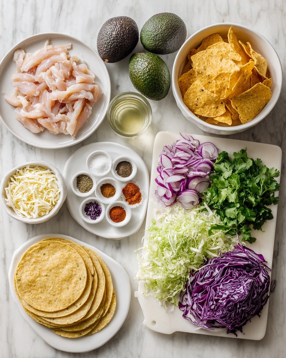 A white tortilla lays flat on a white marbled surface with a base layer of smooth orange sauce spread evenly in the center. On top of the sauce is a mix of shredded purple and white cabbage, adding a slightly crunchy texture. Above that, there is a layer of shredded white cheese scattered around. The top layer consists of broken yellow tortilla chips, giving a rough and crispy look. The edges of the tortilla are bare, highlighting the colorful layers in the middle. Photo taken with an iphone --ar 4:5 --v 7