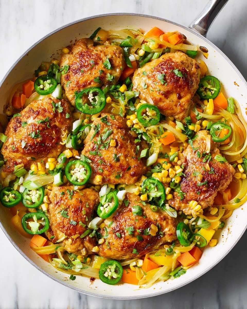 A white pan filled with five pieces of cooked chicken, golden brown on top, surrounded by sliced yellow and orange bell peppers, white onion strips, sweet corn kernels, and green jalapeño slices scattered evenly on top. The chicken and vegetables are mixed together, showing vibrant colors and a slightly glossy texture indicating light cooking oil or sauce. The pan sits on a white marbled surface with small bits of food around it, creating a fresh and inviting look. photo taken with an iphone --ar 4:5 --v 7