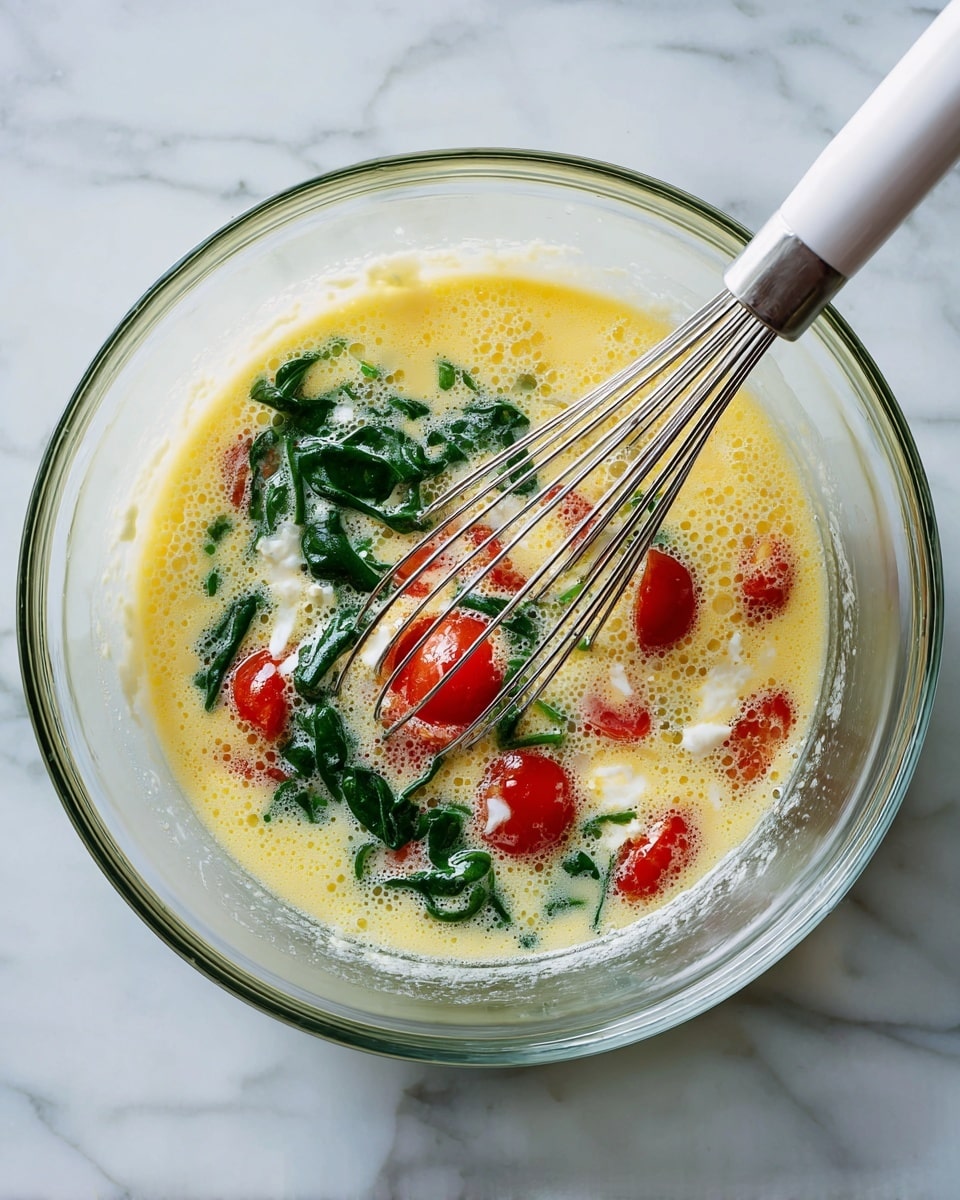 A clear glass bowl is placed on a white marbled surface, containing three main layers: the top layer is bright green chopped spinach on one side, the middle yellow layer is a frothy beaten egg mixture with small bubbles, and the bottom layer has scattered small white cheese pieces and small red cherry tomatoes cut in half. A silver whisk with a white handle rests inside the bowl, partly covered by the egg mixture and spinach. photo taken with an iphone --ar 4:5 --v 7