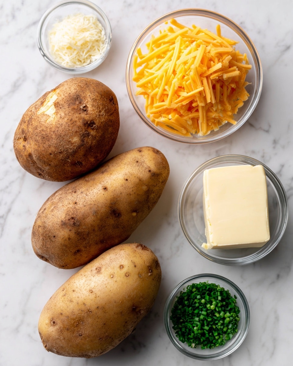 Three large brown russet potatoes with rough skin sit on a white marbled surface next to four small glass bowls. One bowl contains bright orange cheddar cheese slices stacked neatly, another holds finely grated pale yellow parmesan cheese, a third has a small block of creamy unsalted butter, and the last features finely chopped dark green chives. The items are spaced out and labeled clearly on the white marbled background. photo taken with an iphone --ar 4:5 --v 7