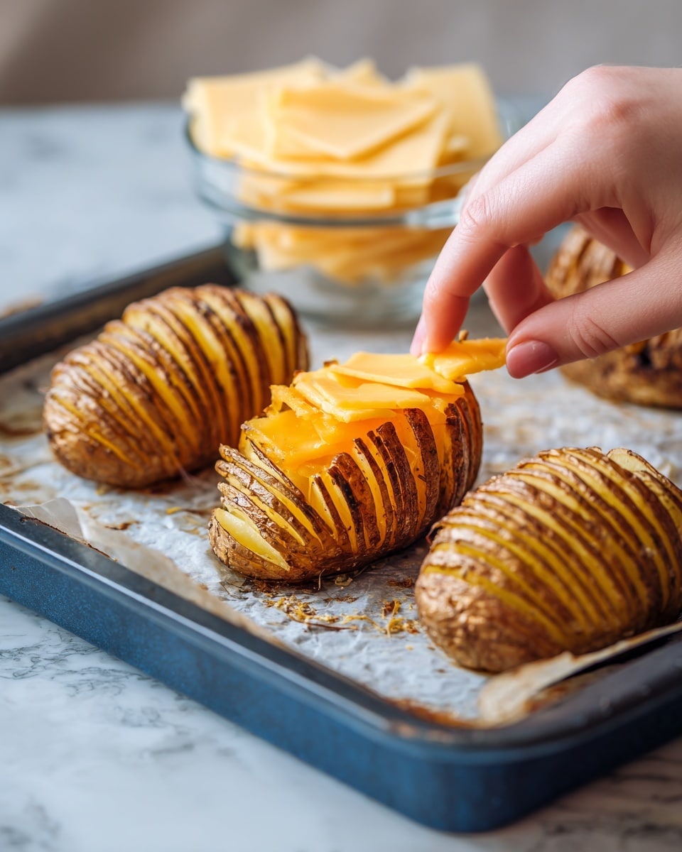 A close-up of three hasselback potatoes on a baking tray with a white paper lining. Each potato is sliced into many thin layers from top to bottom, showing a light brown crispy texture on the outside with some darker roasted edges. The middle potato is being stuffed with bright orange cheese slices placed between the thin potato layers. One stack of several cheese slices is visible in a clear glass bowl above the tray. A woman's hand is gently placing a slice of cheese into the potato layers. The baking tray is dark blue, placed on a table with a white marbled texture. Photo taken with an iphone --ar 4:5 --v 7