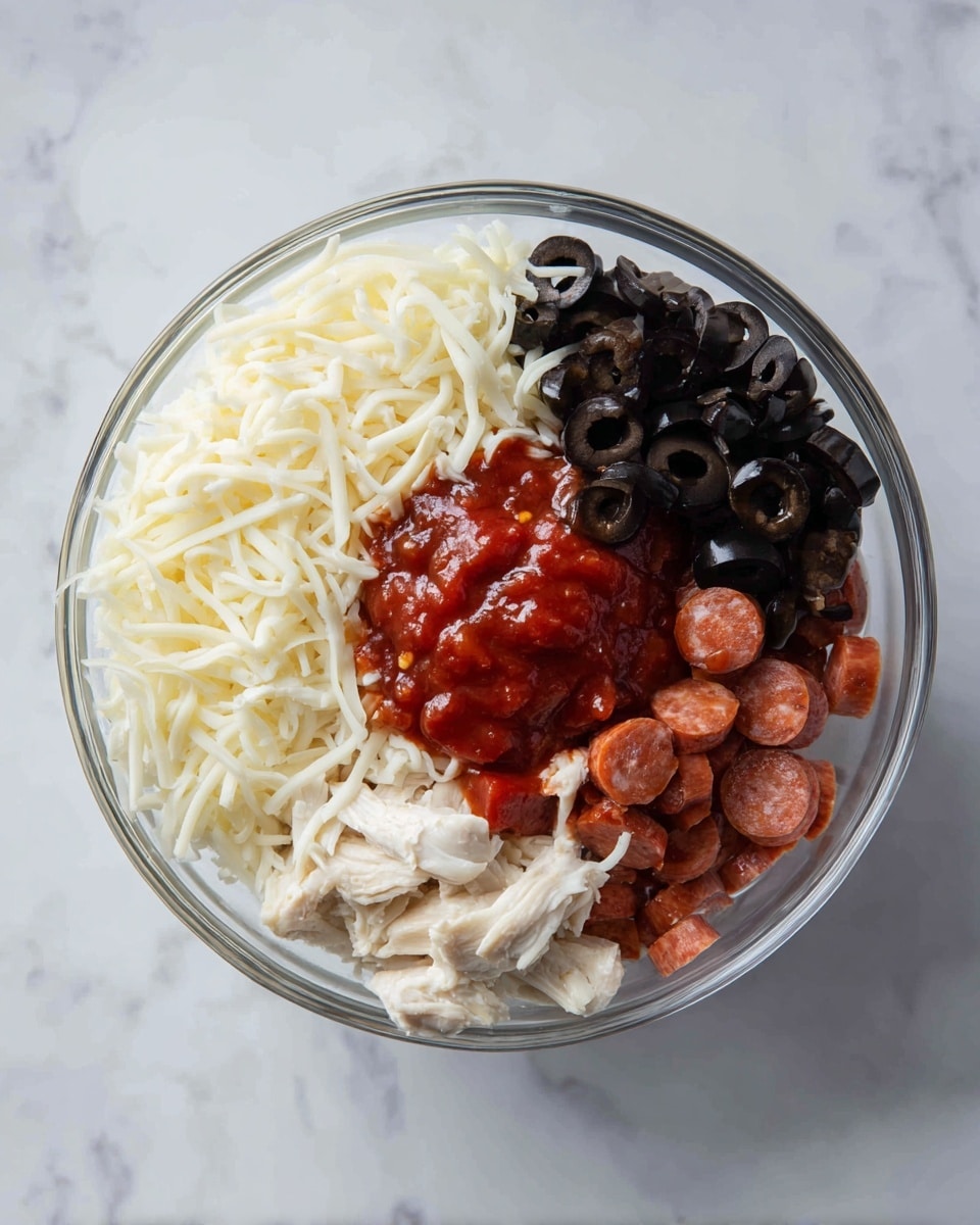 A clear glass bowl sits on a white marbled surface, containing four distinct ingredients placed separately within it: shredded white cheese fills the upper left area with a soft, stringy texture; to its right, a pile of black olive slices creates a dark, smooth cluster; below the olives is a portion of red tomato sauce with a thick, slightly chunky texture; and in the lower left part of the bowl, shredded white chicken pieces mix with small, round slices of reddish-brown sausage. Photo taken with an iphone --ar 4:5 --v 7
